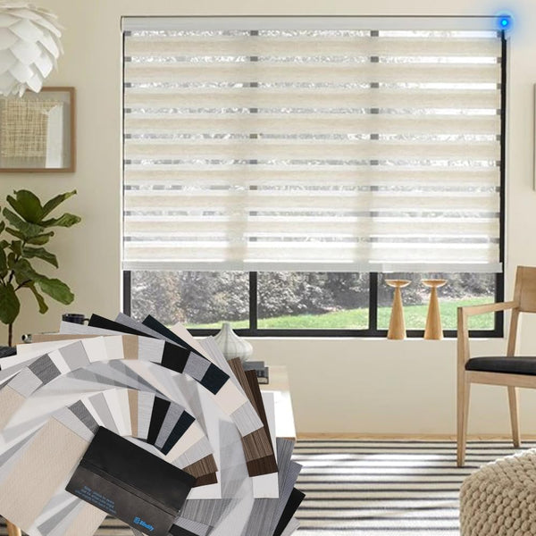 Blindify Motorized Zebra Blinds with Remote Smart Blind Work with Homekit Alexa SmartThings Electric Day and Night Shade Cordless Automatic Solar Powered Window Shade Customize Zebra Fabric Swatch
