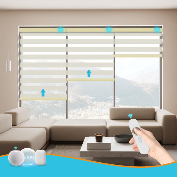 Blindify Motorized Zebra Blinds with Remote Smart Blind Work with Homekit Alexa SmartThings Electric Day and Night Shade Cordless Automatic Solar Powered Window Shade Customize(Wooden Texture Beige)