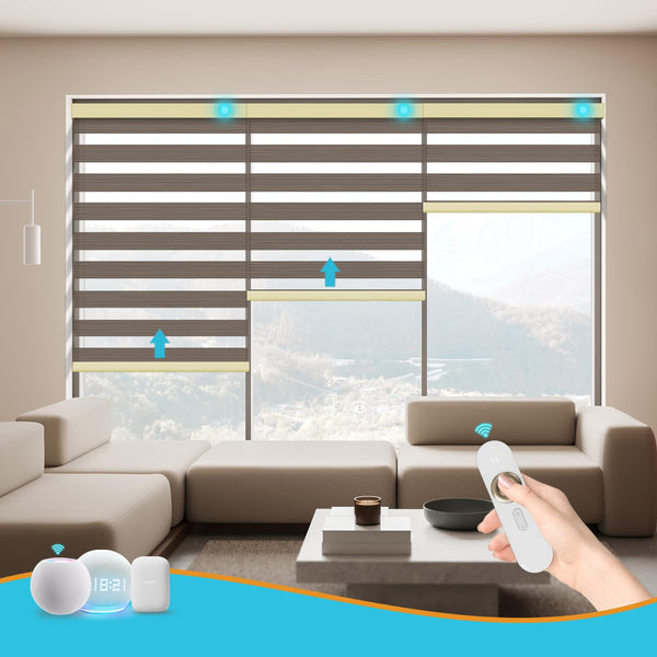 Blindify Motorized Zebra Blinds with Remote Smart Blind Work with Homekit Alexa SmartThings Electric Day and Night Shade Cordless Automatic Solar Powered Window Shade Customize(Wooden Texture Coffee)