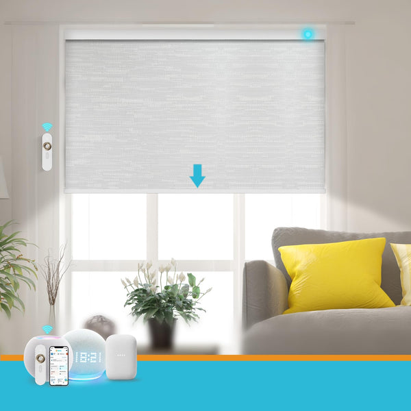 Blindify Motorized Blinds with Remote, Smart Blind Roller Shades Compatible with Alexa, Durable Rechargeable Battery Solar Power Electric Window Blinds Customized Size (Jacquard Silver White)