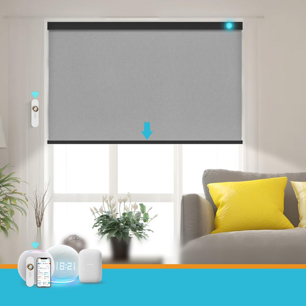 Blindify Motorized Blinds with Remote, Smart Blind Roller Shades Compatible with Alexa, Durable Rechargeable Battery Solar Power Electric Window Blinds Motorized Shades Customized Size (Pure Grey)