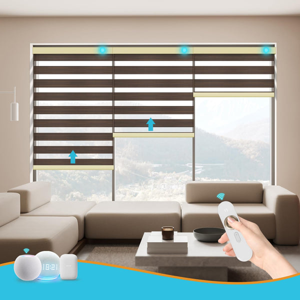Blindify Motorized Zebra Blinds with Remote Smart Blind Work with Homekit Alexa SmartThings Electric Day and Night Shade Cordless Automatic Solar Powered Window Shade Customize(Wooden Texture Brown)