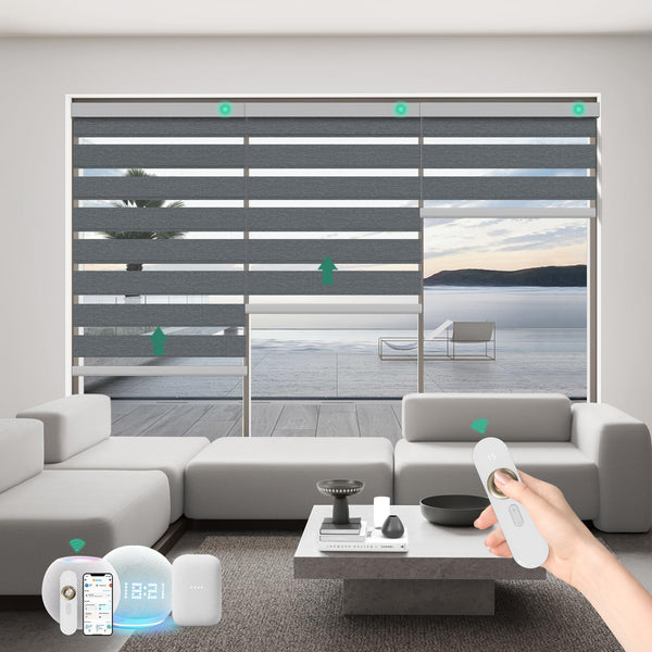 Motorized Zebra Blinds with Remote, Work with HomeKit Alexa Automatic Electric Window Shades 95% Blackout Light Filtering for Smart Home and Office, Customized Size Light Gray