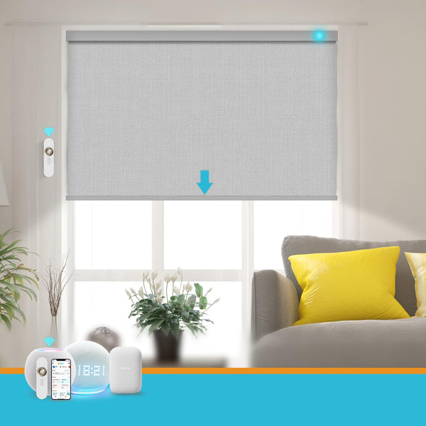 Blindify Motorized Blinds with Remote, Smart Roller Shades Compatible with Alexa, Automatic 100% Blackout Blinds Durable Rechargeable Battery Solar Power Customized Size (3-Layer White)