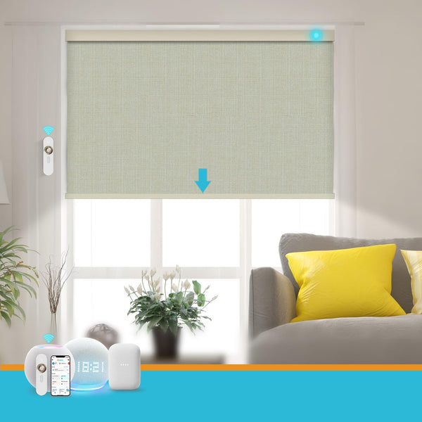 Blindify Motorized Blinds with Remote, Smart Blind Roller Shades Compatible with Alexa, Durable Rechargeable Battery Solar Power Electric Window Blinds Motorized Shades Customized Size (3-layer Beige)