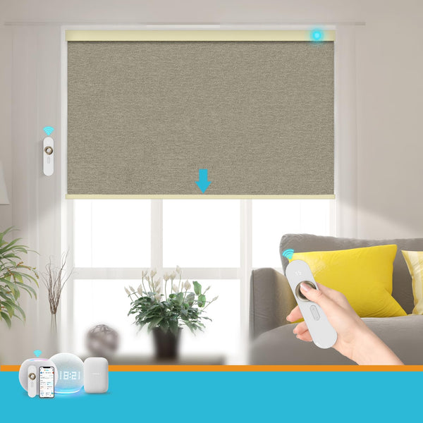 Blindify Motorized Blinds with Remote, 100% Blackout Smart Blind Roller Shades Compatible with Alexa Homekit, Automatic Electric Shades for Windows Customized Size（Elegant-Khaki）
