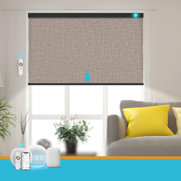 Blindify Motorized Blinds with Remote, Smart Blind Roller Shades Compatible with Alexa, Rechargeable Battery Solar Power Electric Window Blinds Motorized Shades Customized Size (Luxury-Light Brown)
